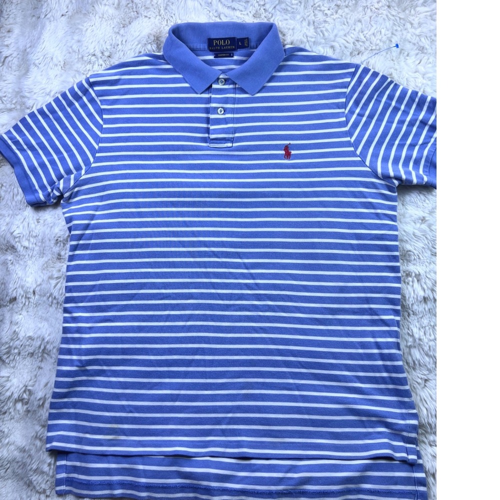 Polo Ralph Lauren Mens Sz L Blue White Striped Custom Polo Shirt Red Pony A31